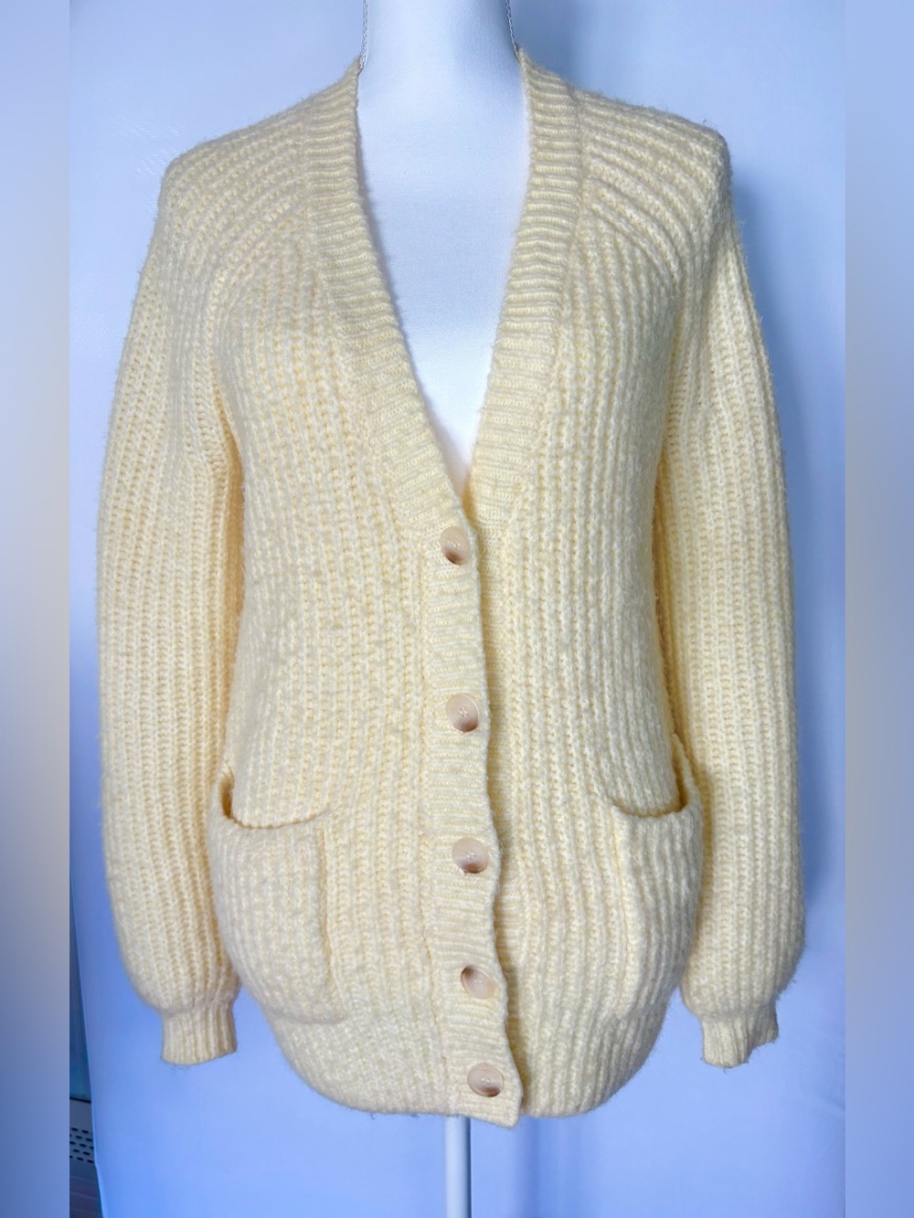 LOFT Yellow Chunky Ribbed Knit V-Neck Cardigan Sweater Pockets Size Small